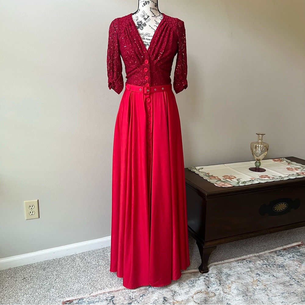 Red floor-length gown with sequined lace bodice by Miss Candyfloss
